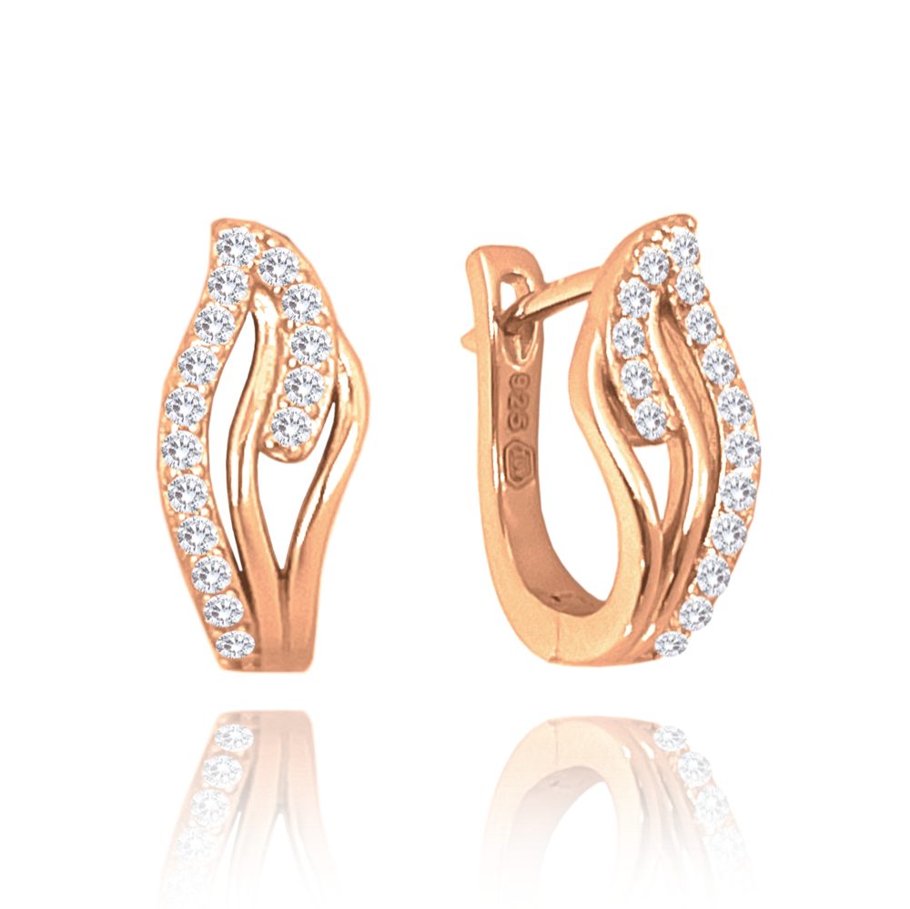 MINET Rose gold zvlněné stříbrné náušnice s bílými zirkony