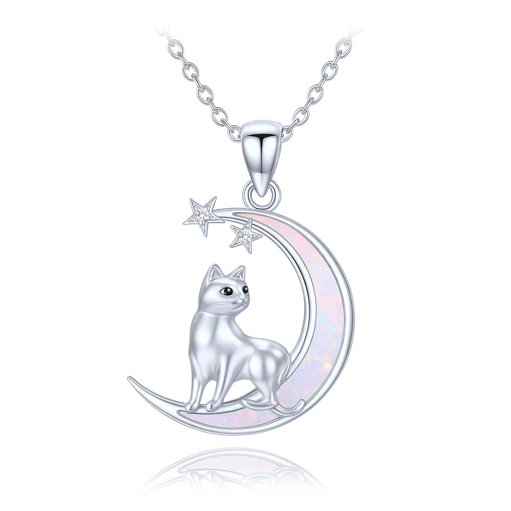 MINET Stříbrný náhrdelník kočka na měsíci s bílými a černými zirkony a bílým opálem