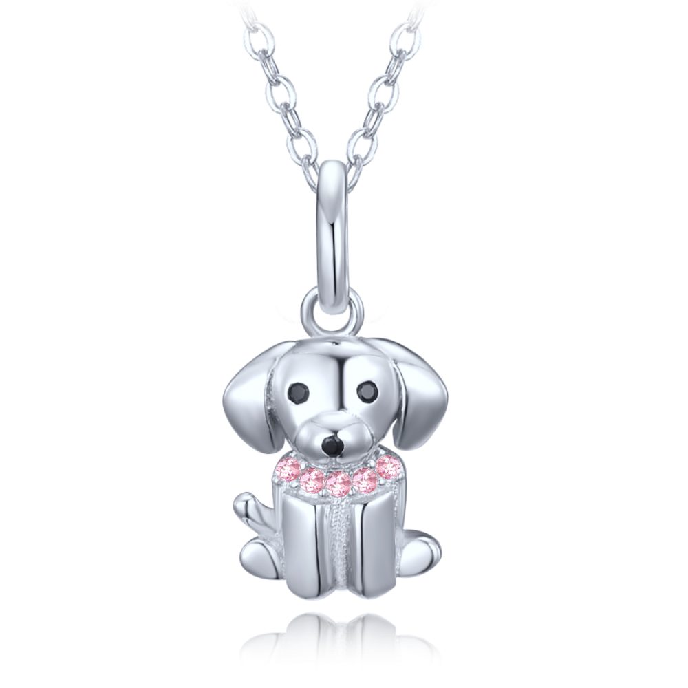MINET Stříbrný náhrdelník pejsek s růžové a černými zirkony