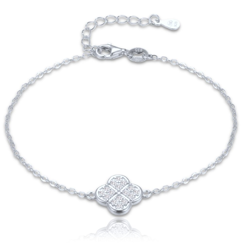 MINET Stříbrný náramek čtyřlístek s bílými zirkony