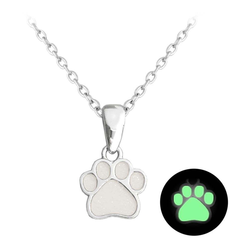 MINET Svítící bílý stříbrný náhrdelník TLAPKA