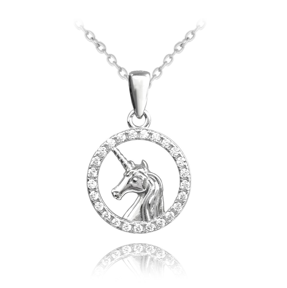 MINET Třpytivý dětský stříbrný náhrdelník JEDNOROŽEC s bílými zirkony